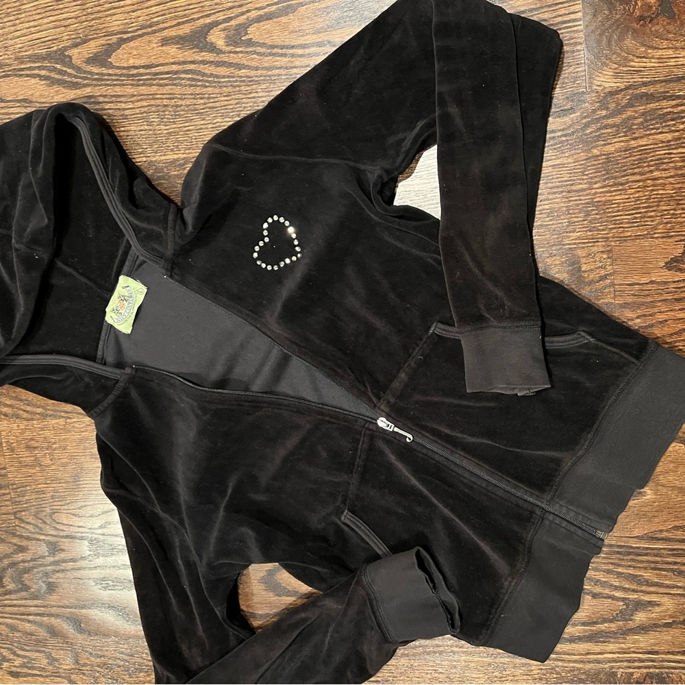 Juicy Couture Black Velour Zip Hoodie with Rhinestone Heart